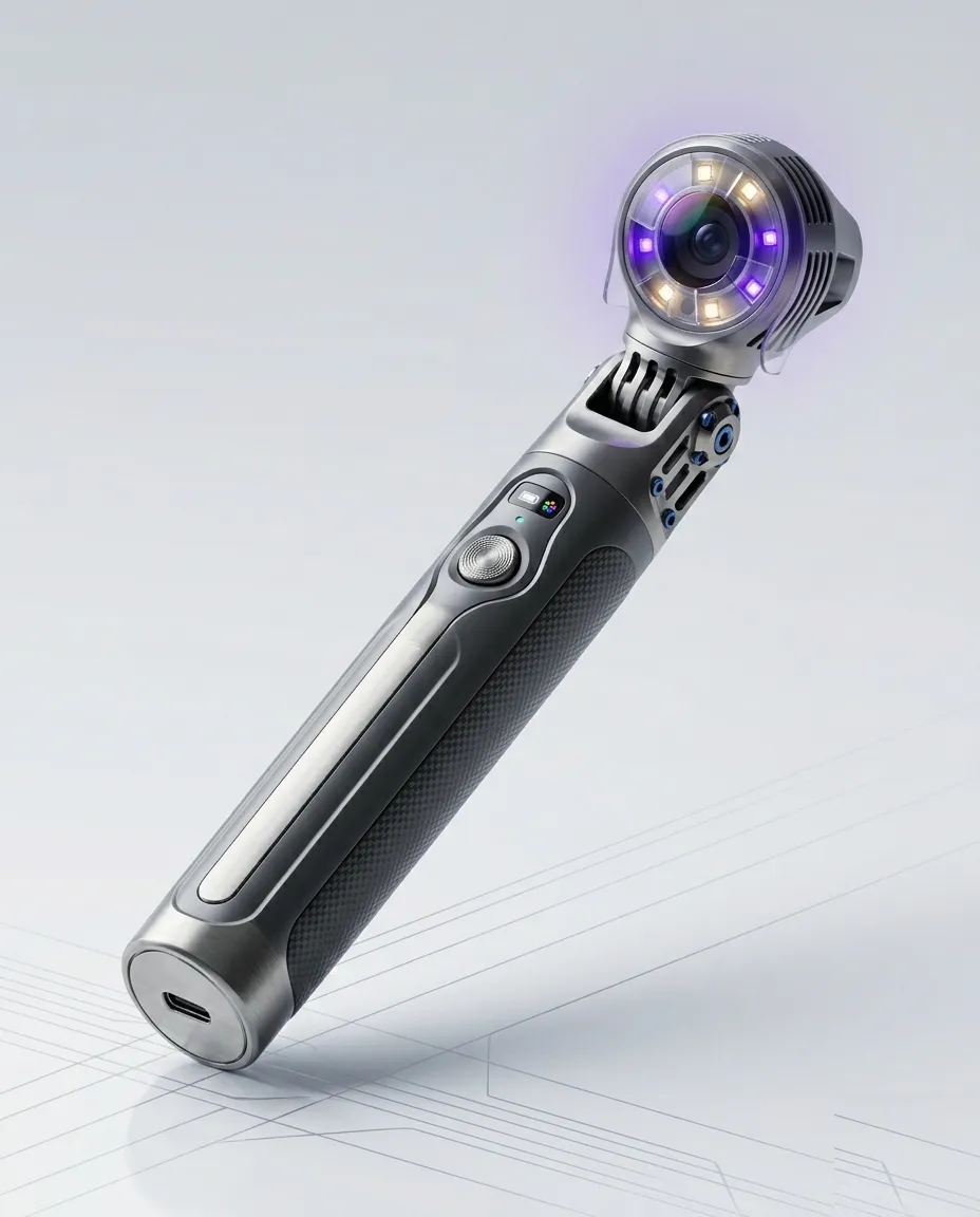 Metallic future-product concept render of the DentaScan scanner